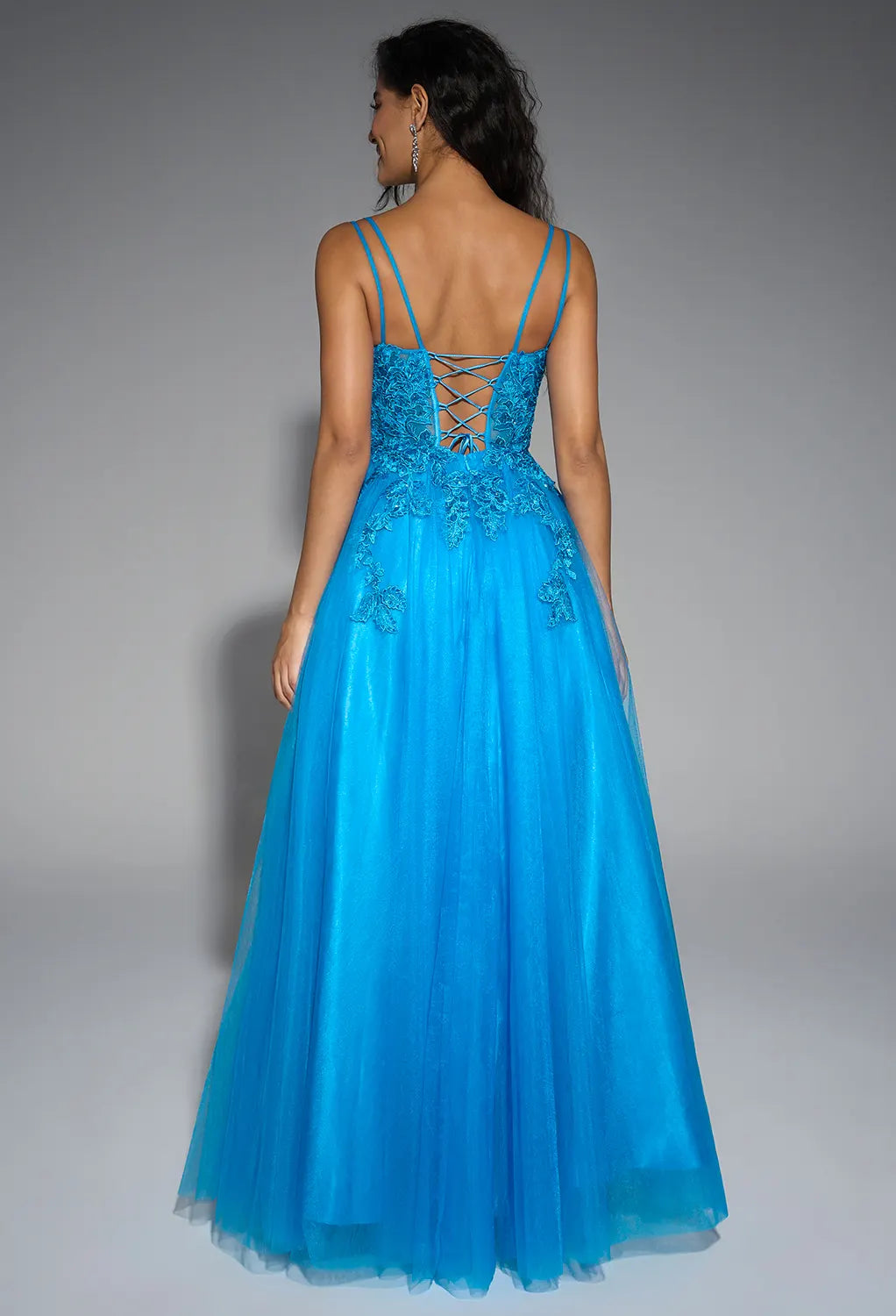 A-line U-Neck Spaghetti Straps Floor Length Prom Dresses Tulle Sleeveless Applique Hot Sale Long Evening Dresses